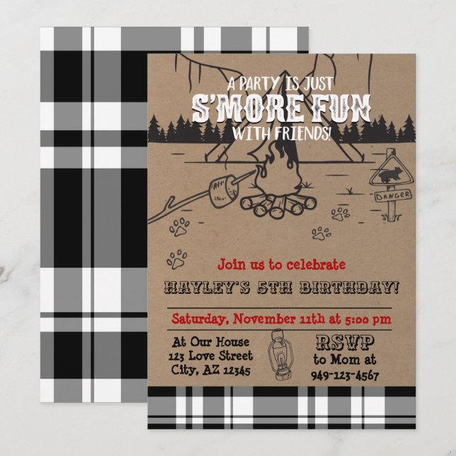 Invitation S'more Party Buffalo Check Plaid Anniversaire (Devant / Derrière)