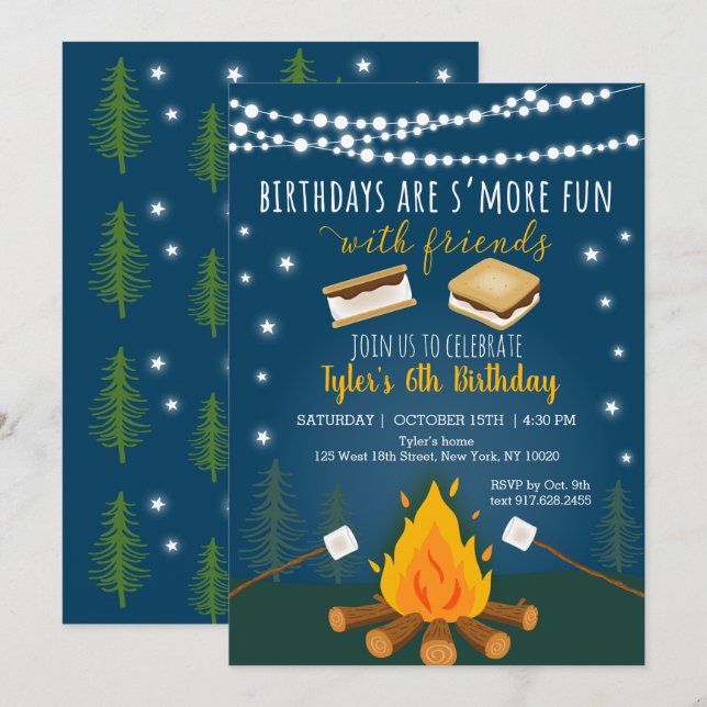 Invitation S'mores Camping Feu de feu de camp Anniversaire (Devant / Derrière)