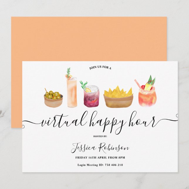 Invitation Snacks cocktails aquarelle happy hours virtuelles (Devant / Derrière)