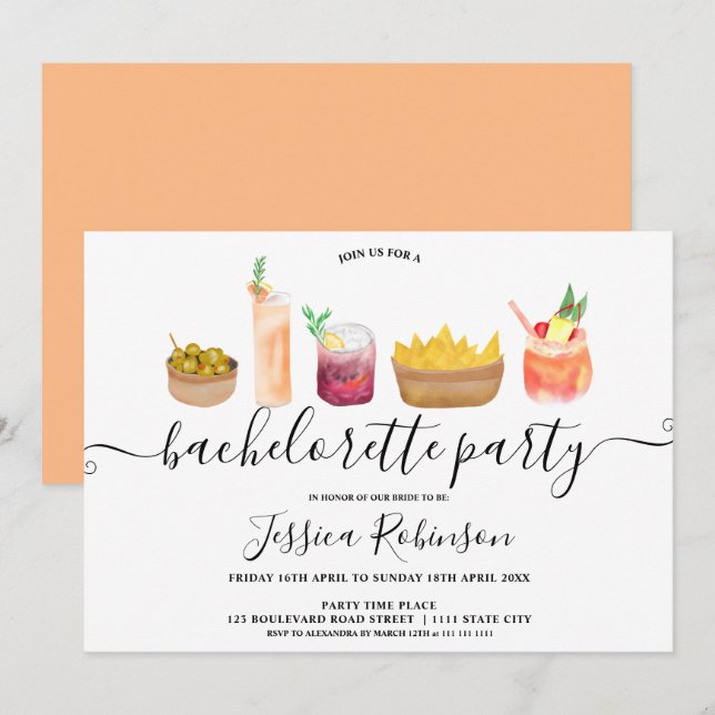 Invitation Snacks modernes cocktails aquarelle bachelorette (Devant / Derrière)
