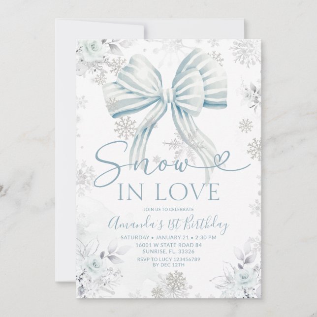 Invitation Snow In Love Blue Bow Silver Snowflake Birthday (Devant)