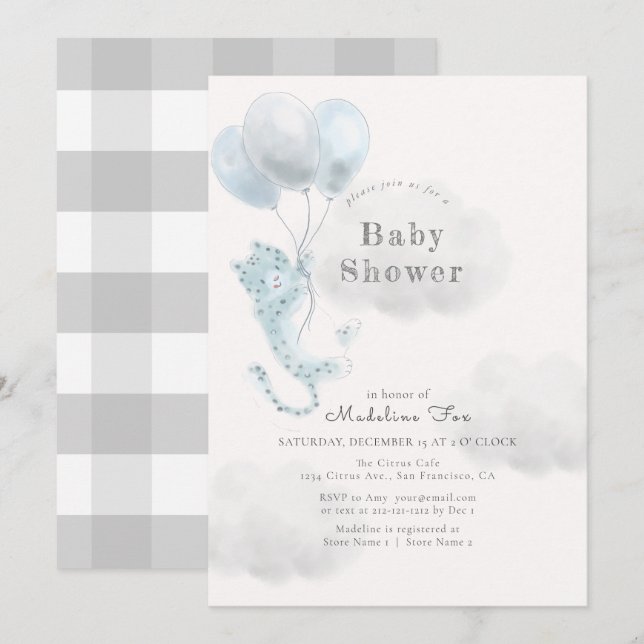 Invitation Snow Leopard avec Blue Balloons Boy Baby shower (Devant / Derrière)
