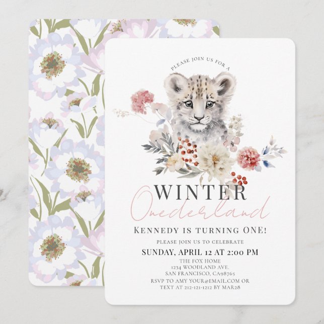 Invitation Snow Leopard hiver Onederland Girl 1er anniversair (Devant / Derrière)