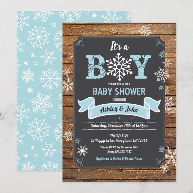 Invitation Snowflake bébé garçon douche bois rustique tableau (Devant / Derrière)