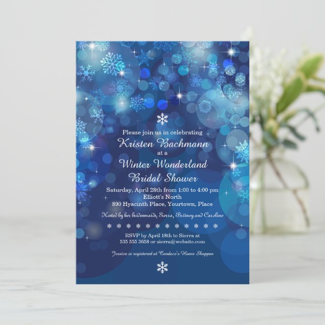 Invitation Snowflake Blue Bokeh Fête des mariées d'hiver (Debout devant)