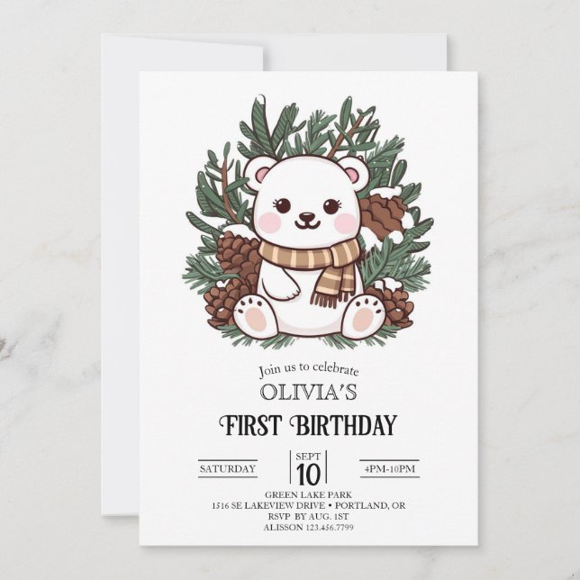 Invitation Snowflake Magique Polar Ours 1er Anniversaire numé (Devant)