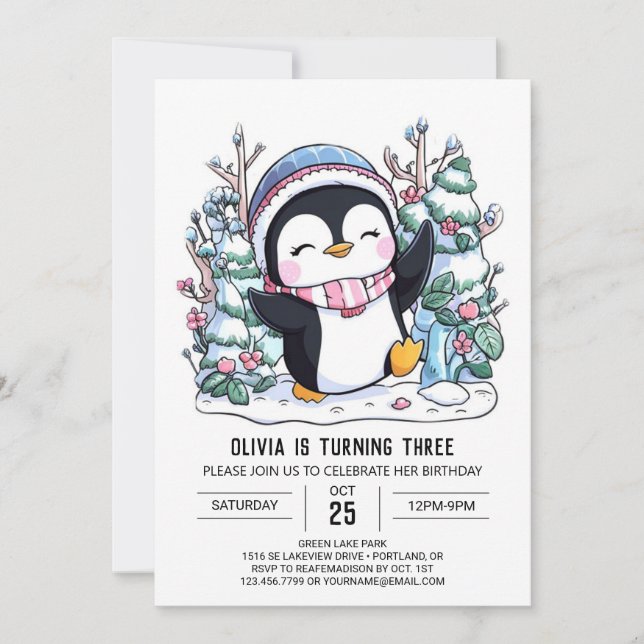 Invitation Snowflake mignon Penguin Digital Anniversaire (Devant)