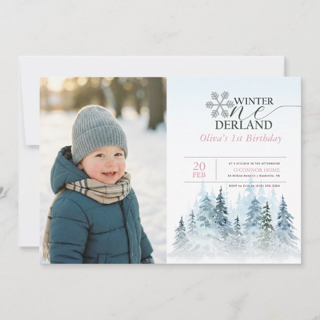 Invitation Snowflake Winter Onederland Kid Photo 1st Birthday (Devant)