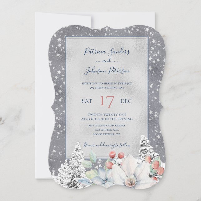 Invitation Snowflakes argent hiver rustique mariage floral (Devant)