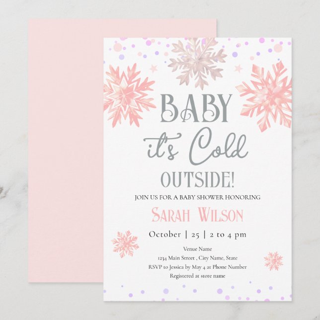 Invitation Snowflakes Baby It's Cold Outside Baby shower Rose (Devant / Derrière)