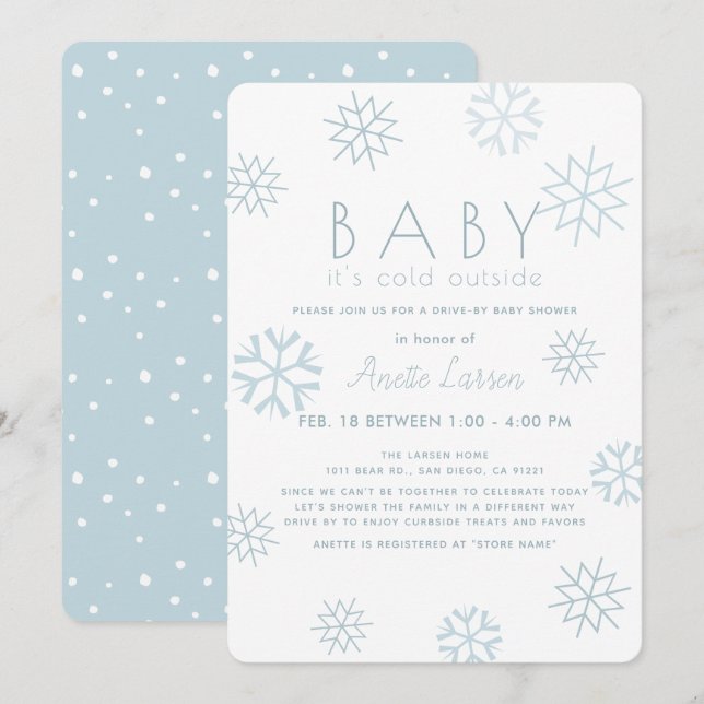Invitation Snowflakes Baby Son Cold Blue Drive by Baby Showe (Devant / Derrière)