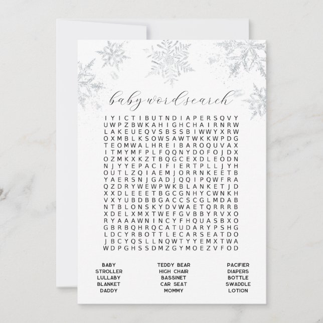 Invitation Snowflakes Baby Word Search Game Card (Devant)