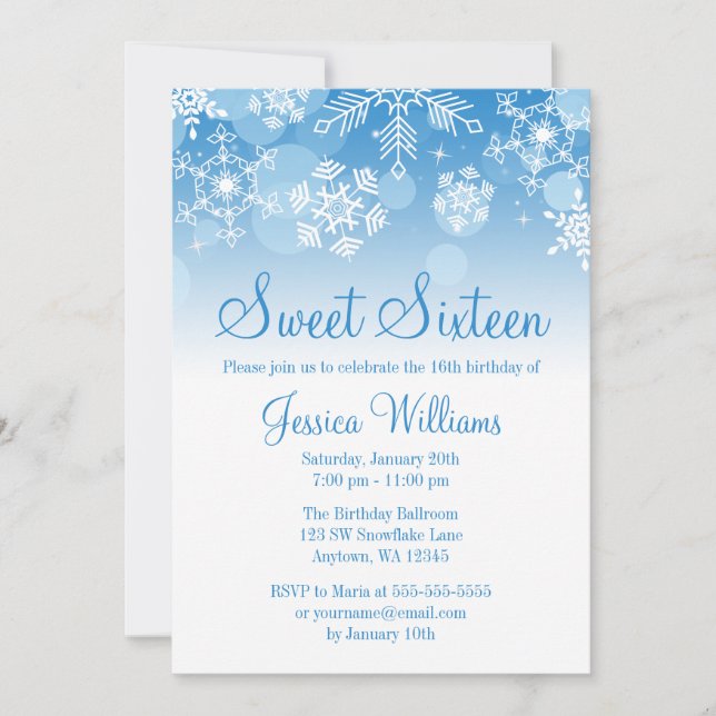 Invitation Snowflakes Blue White Winter Wonderland Sweet 16 (Devant)
