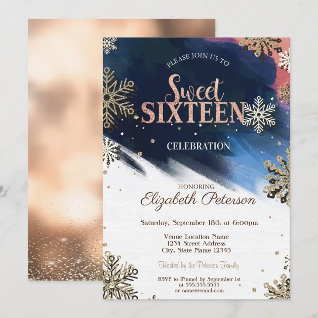 Invitation Snowflakes, Confetti, Brush Stroke, Bokeh Sweet 16 (Devant / Derrière)
