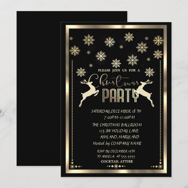 Invitation Snowflakes, Deer Black Company fête de Noël (Devant / Derrière)