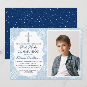 Invitation Snowflakes d'hiver Blue First Holy Communion Photo
