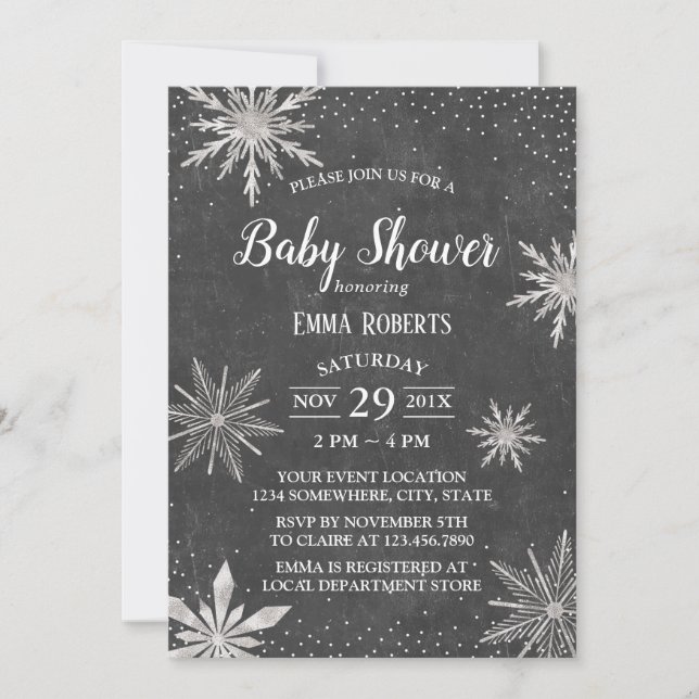 Invitation Snowflakes d'hiver Élégant Baby shower de Chalkboa (Devant)