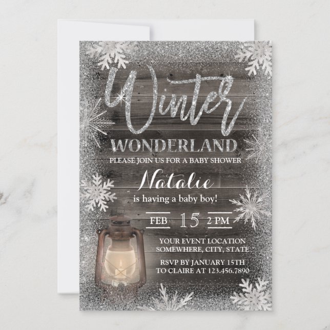Invitation Snowflakes d'hiver & Lantern Grange Baby shower en (Devant)