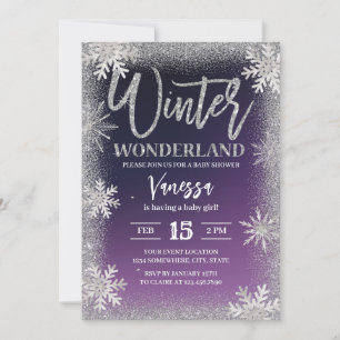 Invitation Snowflakes en argent d'hiver Baby shower violet