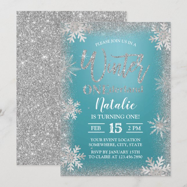 Invitation Snowflakes en argent d'hiver Turquoise 1er anniver (Devant / Derrière)