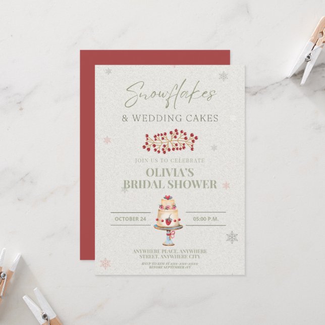 Invitation Snowflakes et mariage gâteau douche nuptiale (Devant/Arrière en situation)