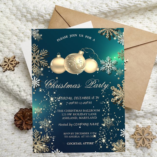 Invitation Snowflakes Gold, Christmas Balls Company Party (Créateur téléchargé)