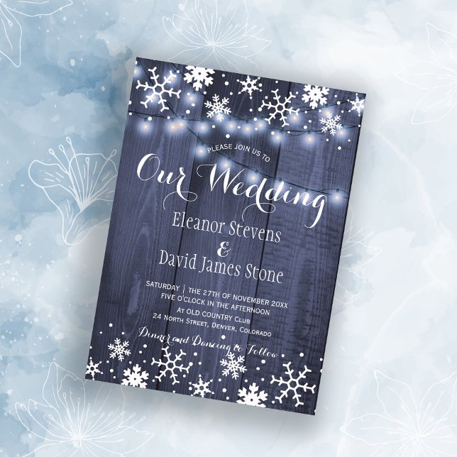 Invitation Snowflakes grange bois bleu hiver rustique mariage (Créateur téléchargé)