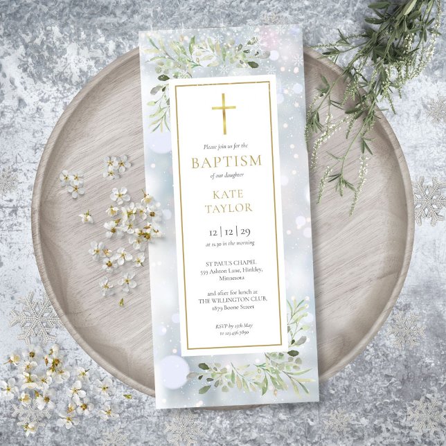 Invitation Snowflakes Green Winter Baptism Christening Inv (Snowflakes Greenery Winter Baptism Christening Inv Invitation)