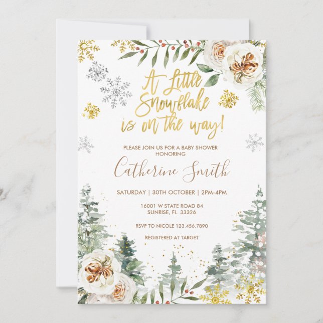Invitation Snowflakes Hiver Blanc Floral Baby shower (Devant)