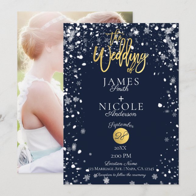 Invitation Snowflakes hiver Gold Foil Mariage photo complet (Devant / Derrière)