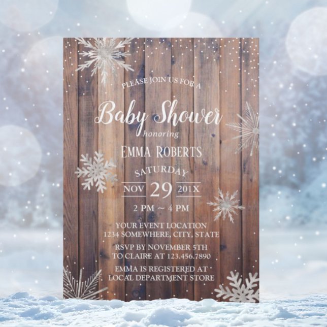 Invitation Snowflakes hiver rustique Baby shower en bois de g (Créateur téléchargé)