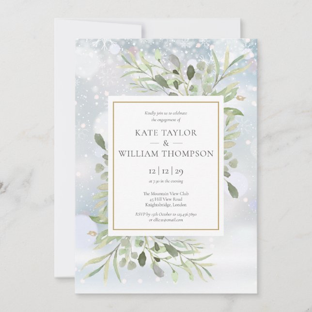 Invitation Snowflakes hiver Verdure Floral Fiançailles (Devant)