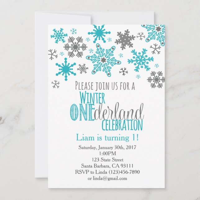 Invitation Snowflakes ONE derland Anniversaire Invitation-Aqu (Devant)