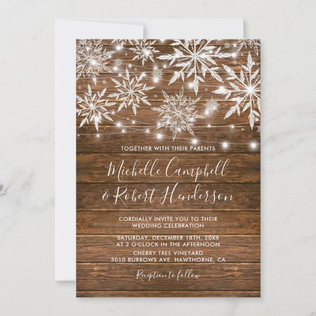 Invitation Snowflakes rustiques Grange Bois Mariage d'hiver (Devant)