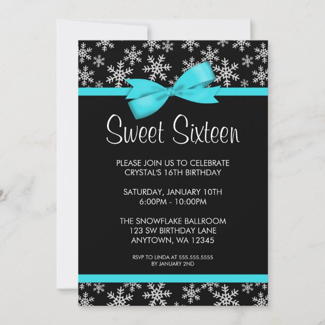 Invitation Snowflakes Turquoise Bow Winter Wonderland Sweet 1 (Devant)