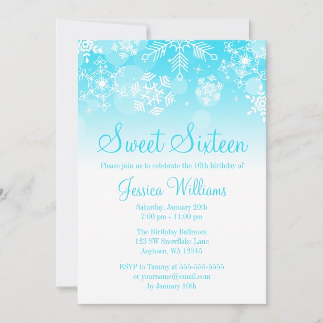 Invitation Snowflakes Turquoise White Winter Wonderland Sweet (Devant)