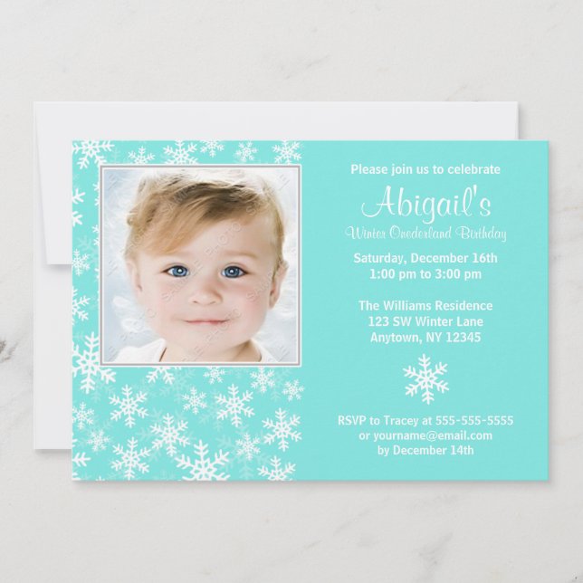Invitation Snowflakes Winter Onederland Aqua Photo Anniversai (Devant)