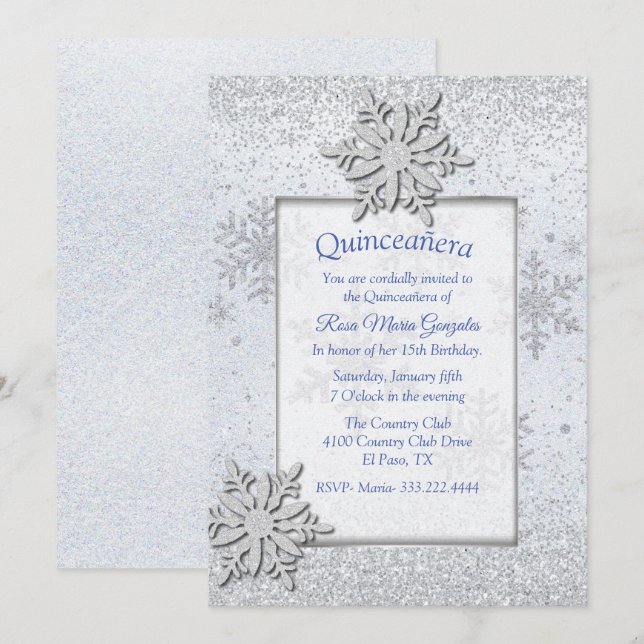 Invitation Snowflakes Winter Quinceañera Sweet 16 (Devant / Derrière)