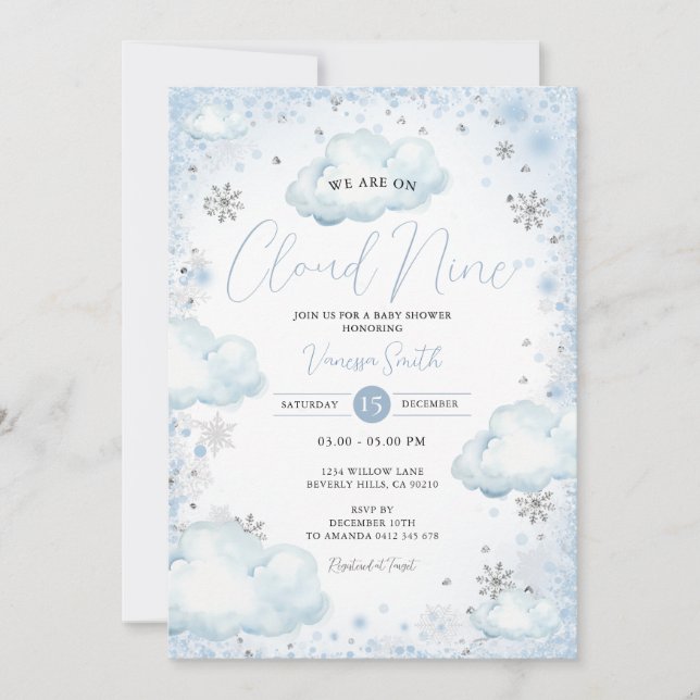 Invitation Snowflakes Winter We Are On Cloud Nine Baby Shower (Devant)