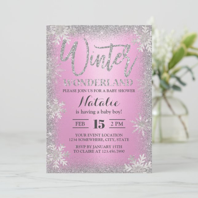 Invitation Snowflakes Winter Wonderland Baby shower rose (Debout devant)