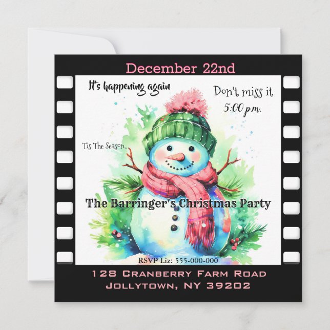 Invitation Snowman Pink Scart fête annuelle de Noël (Devant)