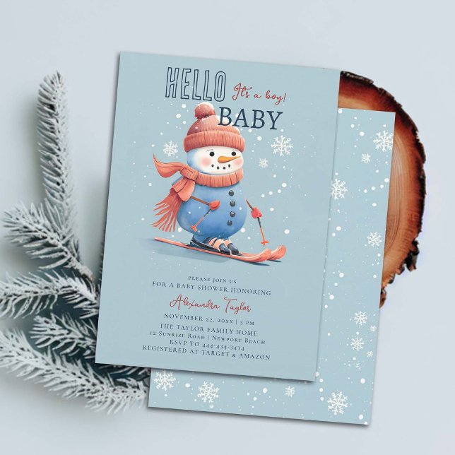Invitation Snowman Ski d'hiver Sports Blue Boy Baby shower (winter baby boy shower invitation sports ski snowman snowflakes snow watercolor cute sweet elegant)