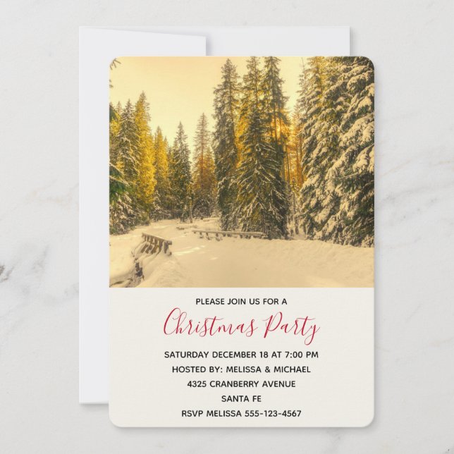 Invitation Snowy Winter Path with Pine Trees Noël Party (Devant)