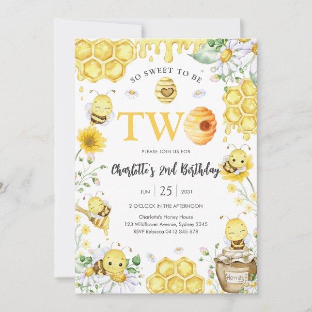 Invitation So Sweet To Be Two Honey Bee 2nd Birthday (Devant)