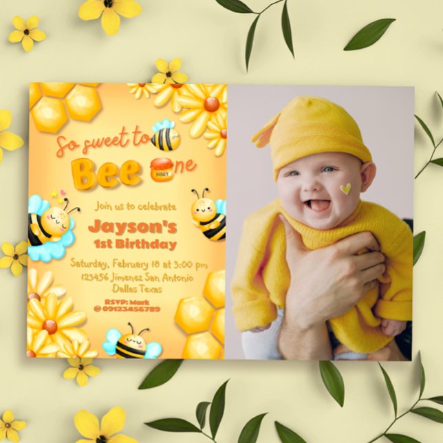 Invitation So Sweet to Bee One - 1er anniversaire avec photo (So Sweet to Bee One - 1st Birthday with Photo Landscape Invitation)