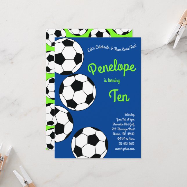 Invitation Soccer Anniversaire de enfant Party Sports Blue Bo (Devant/Arrière en situation)