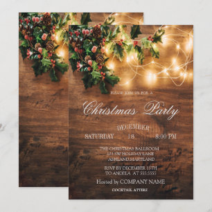 Invitation Société de Noël Guirlandes Lumineuses, Gui en Bois
