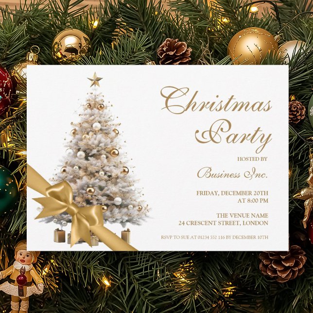 Invitation Société Gold Christmas Tree & Bow Holiday Party (Corporate Gold Christmas Tree & Bow Holiday Party Invitation)