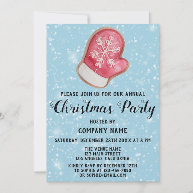 Invitation Société Noël Parti Rouge Blanc Mitten Bleu Neige (Devant)