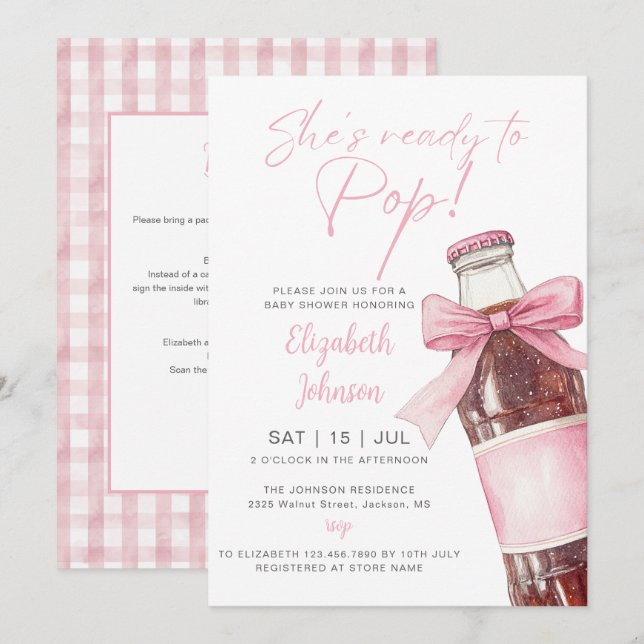 Invitation Soda Bottle Pink Bow Baby Shower All In One (Devant / Derrière)